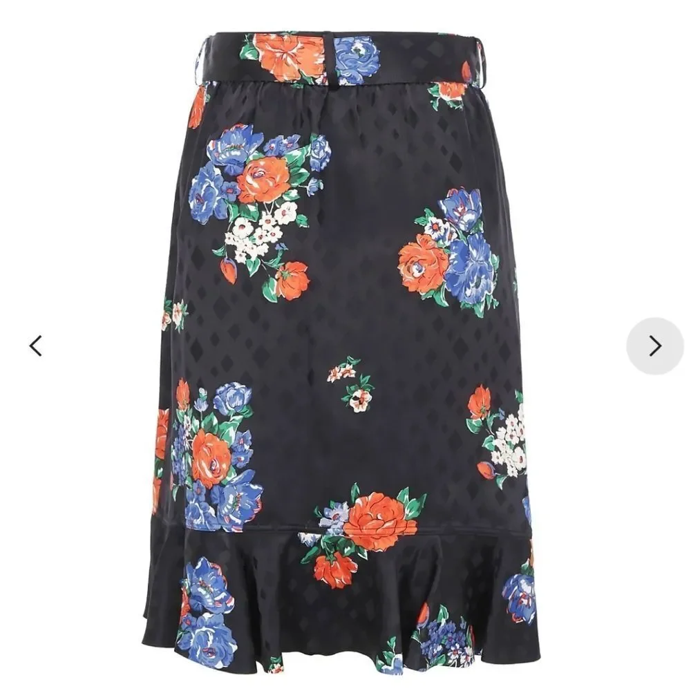 Tory Burch Floral SILK WRAP RUFFLE SKIRT WITH BELT in Black - Size 4